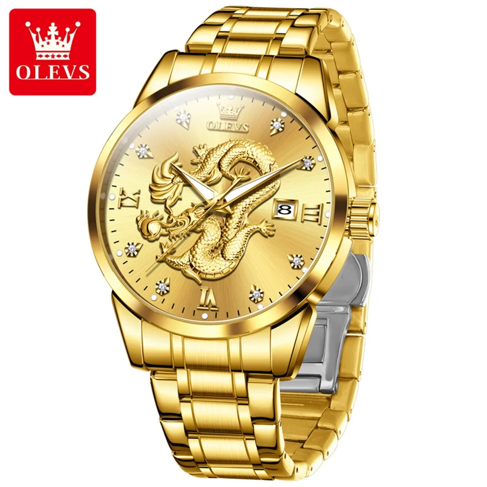 OLEVS New Dragon Watch Man Stainless Steel Waterproof Auto Date Diamond Scale Wristwatches Original Luxury Quartz Watch for Men