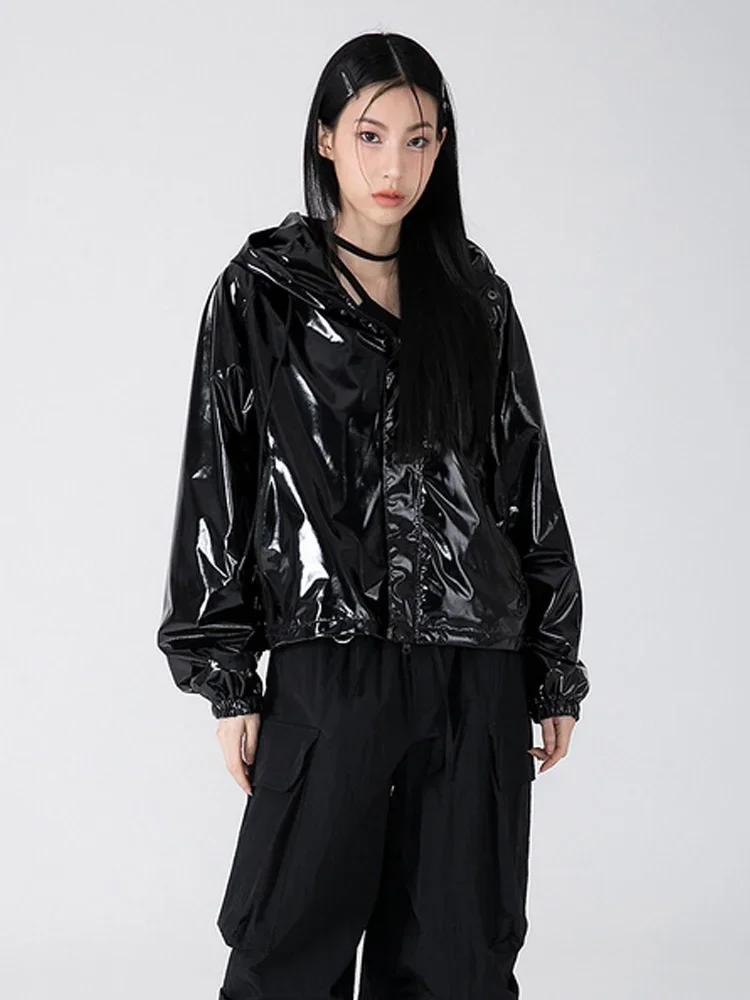 Veste à capuche en similicuir brillant pour femme, pardessus pour femme, document solide, brillant, PU, combinaison imperméable, manches longues, survêtement en PVC, personnalisé