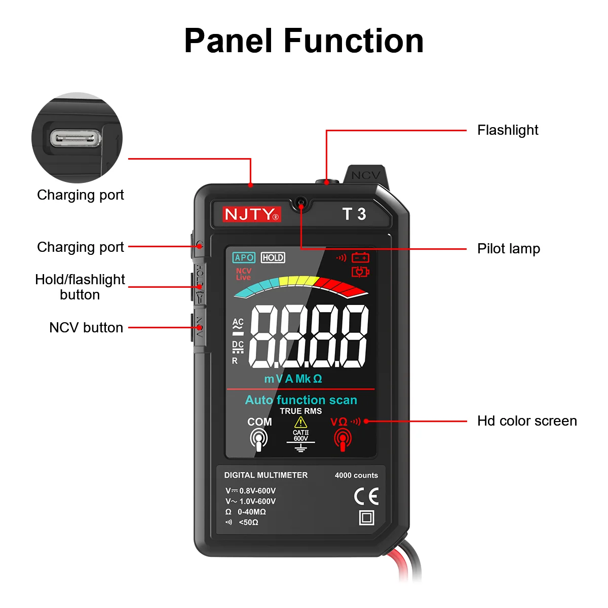 NJTY T3 MINI Smart Digital Multimeter Farbbildschirm USB wiederaufladbar 4000 Zählungen automatische Bereichswahl Spannungswiderstand NCV Live Wire – Detail 3
