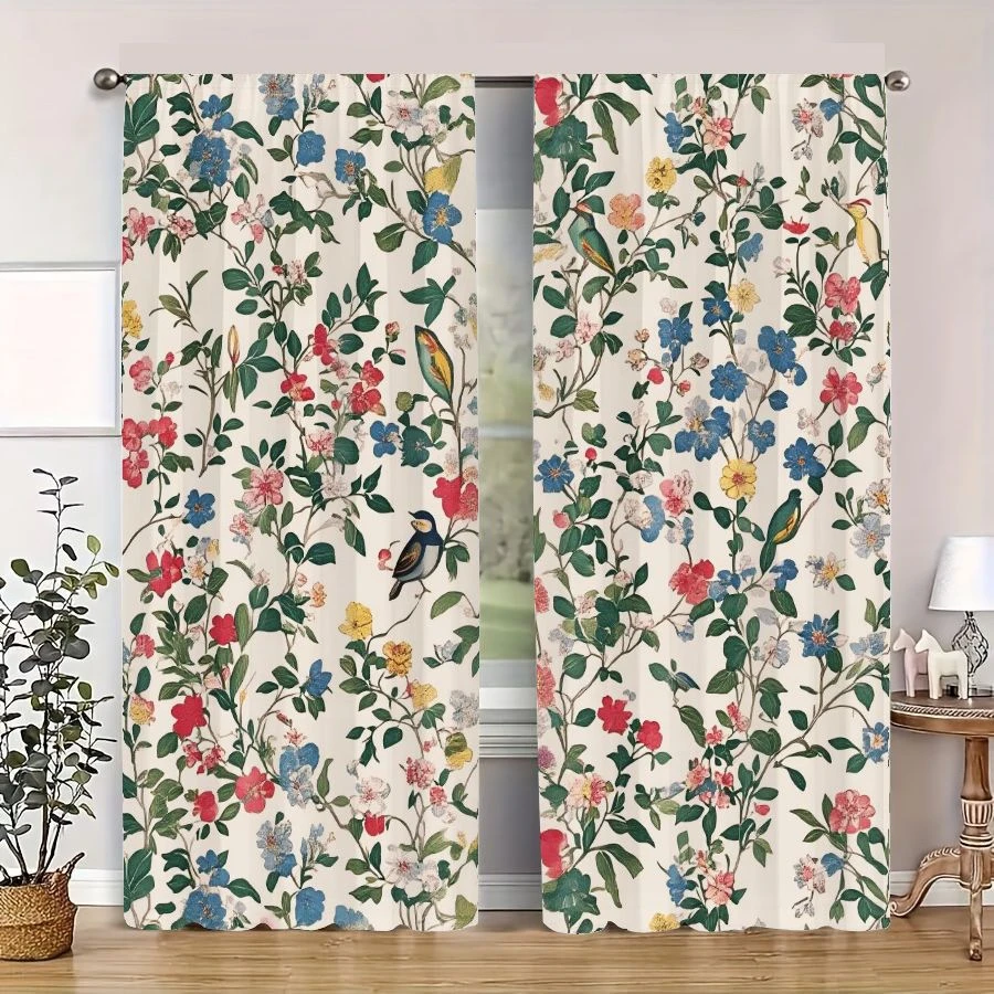 2PCS Digital Printed Curtains, Blossom Flower Bird Garden Nature, Modern Home Decor Style for Living Room Bedroom Decor