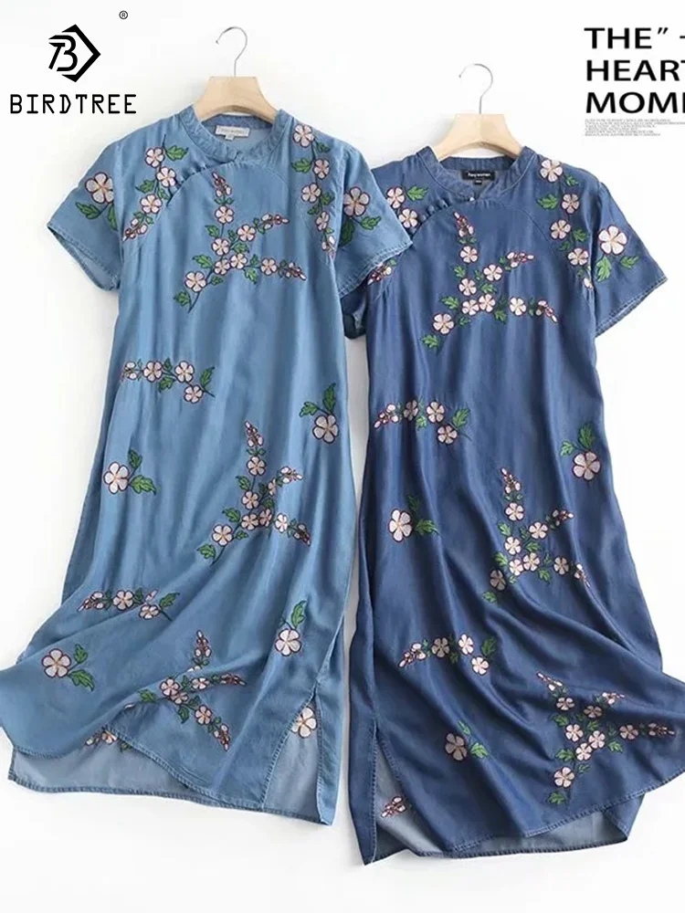 Autumn Lyocell Denim Dresses Woman Floral Embroidery Skirt Stand Collar Short Sleeve Retro Loose Casual Dress Spring D39543QM