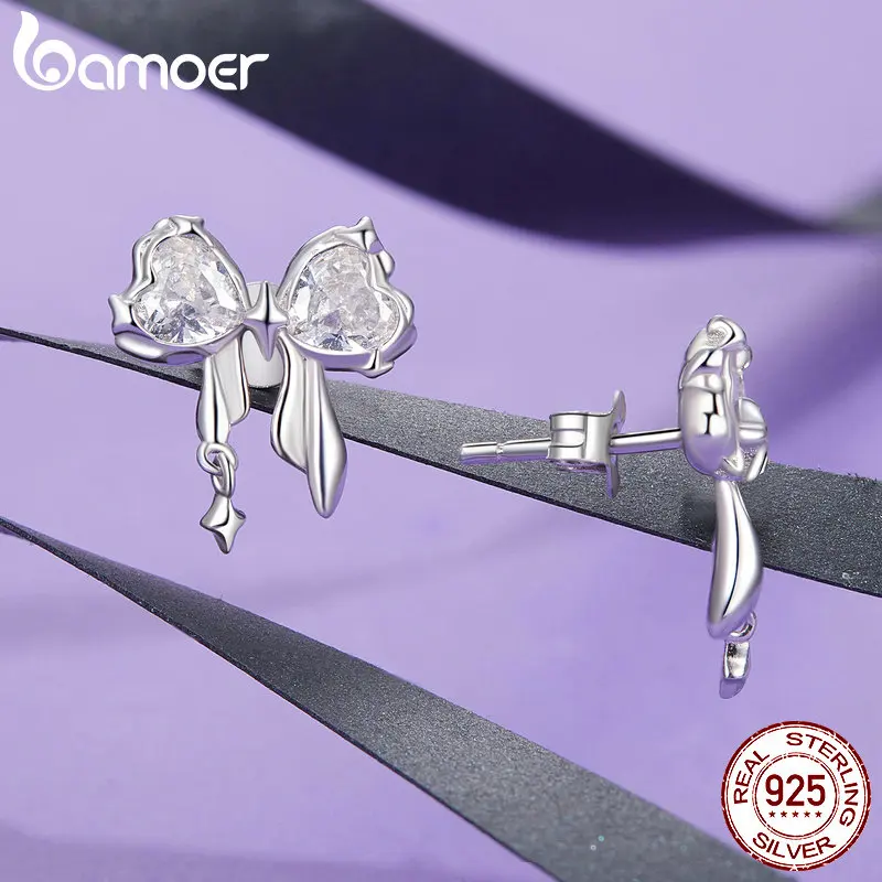 BAMOER-Boucles d'oreilles nœud papillon en argent regardé 925 pour femme, clous d'oreille extron, Saint Valentin, bijoux cadeau pour elle