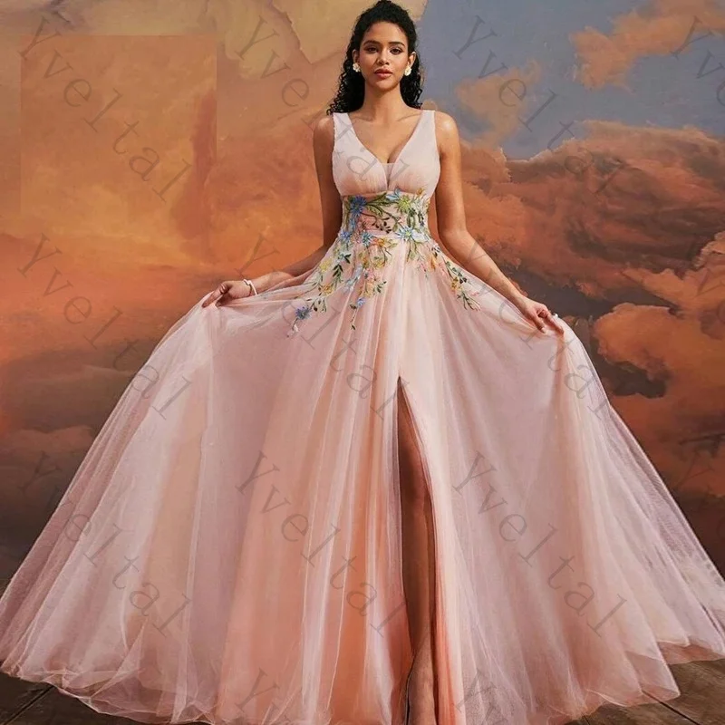 Customized Sleeveless Deep V‑Neck A‑Line Tulle Evening Gown Colorful Floral Embroidery High Slit Formal Dress for Garden Wedding