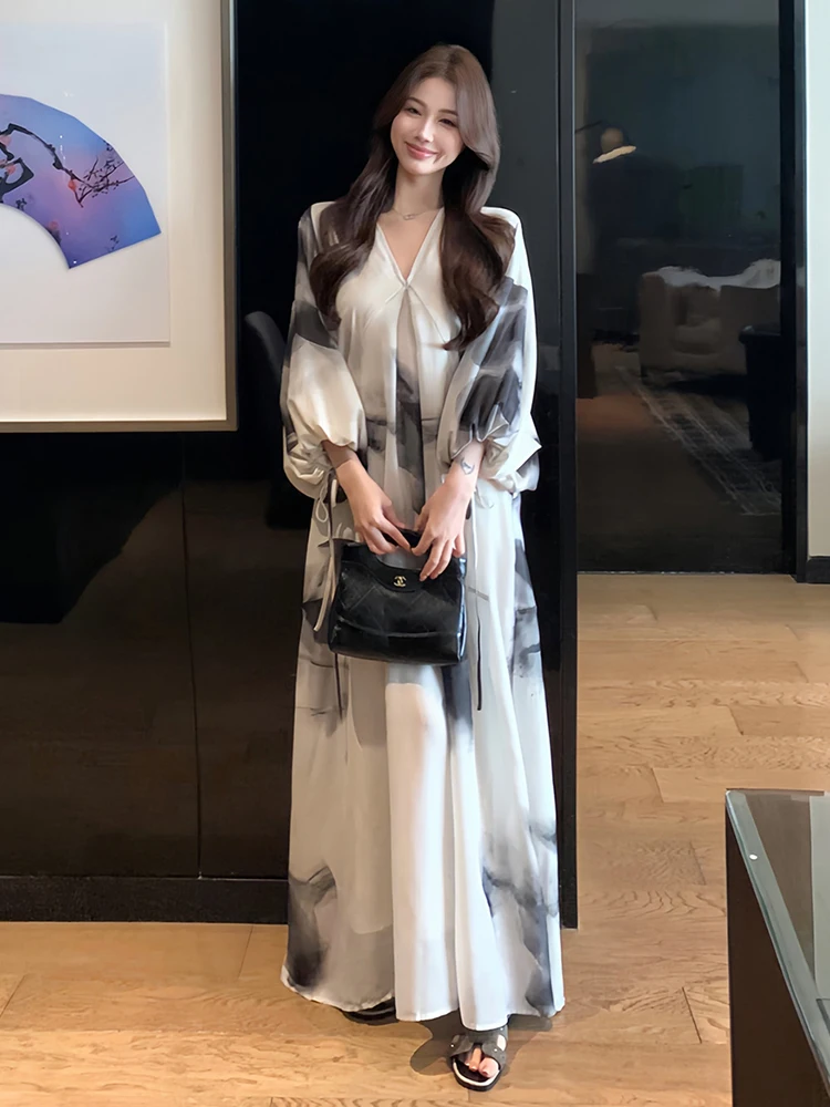 ReddaChic Drawstring Sleeve Summer Dress Tie Dye V-neck Loose Draped Flowy Maxi Long One-piece Vacation Casual Woman Clothes