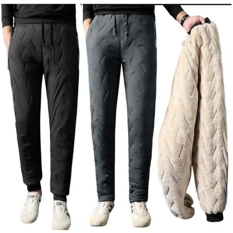 Winter Lamb Velvet Warm Pants Zip Pockets Thicken Fleece Sweatpants Men Down Cotton Warm Pants Thermal Trousers