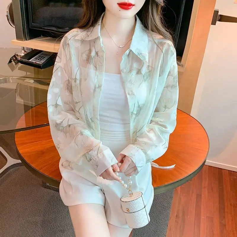 Women Summer Korean Loose Fashion Sunscreen Thin Long Sleeve Chiffon Shirts Women Clothes Casual All-match Appear Thin Sexy Tops