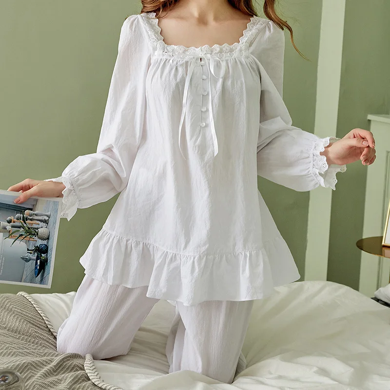 Ladies Pure Cotton Vintage Princess Long Sleeve Pajama Women Loose Home Two Piece Suit Square Neck Ruffles Pantsuits Sleepwear
