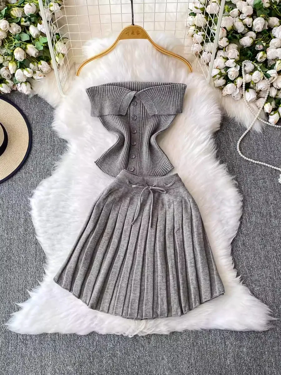 

Foamlina Sexy Single Breasted Fold Over Bandeau Knit Top Set Women High Waist Slim Fit Pleated Mini Skirt Outfit