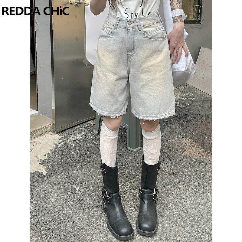 

REDDACHiC Light Wash Baggy Jeans Jorts Women Solid Casual Frayed Distressed High Waist Knee Long Denim Shorts Korean Streetwear