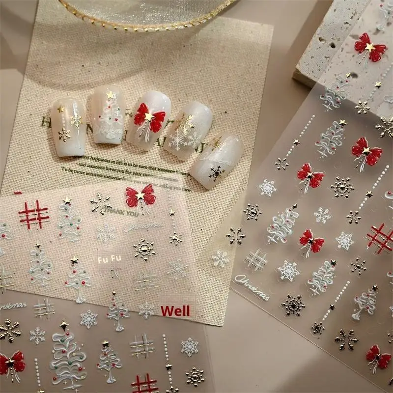 クリスマススタイル クリスマスツリー 雪の結晶 ネイルアートステッカー 赤いリボン ネイルアートプリント エンボスステッカー お祝いネイルデコレーション