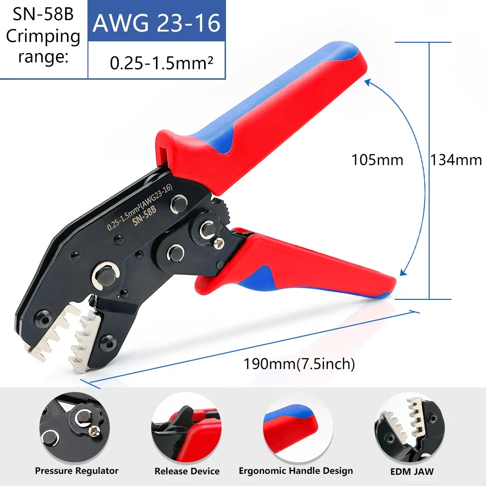 SN58B Crimping Tool Crimping Wire Ferrule Serrated Ratchet Crimping Pliers Wire Terminal Crimper 23-16AWG Pliers 1Piece