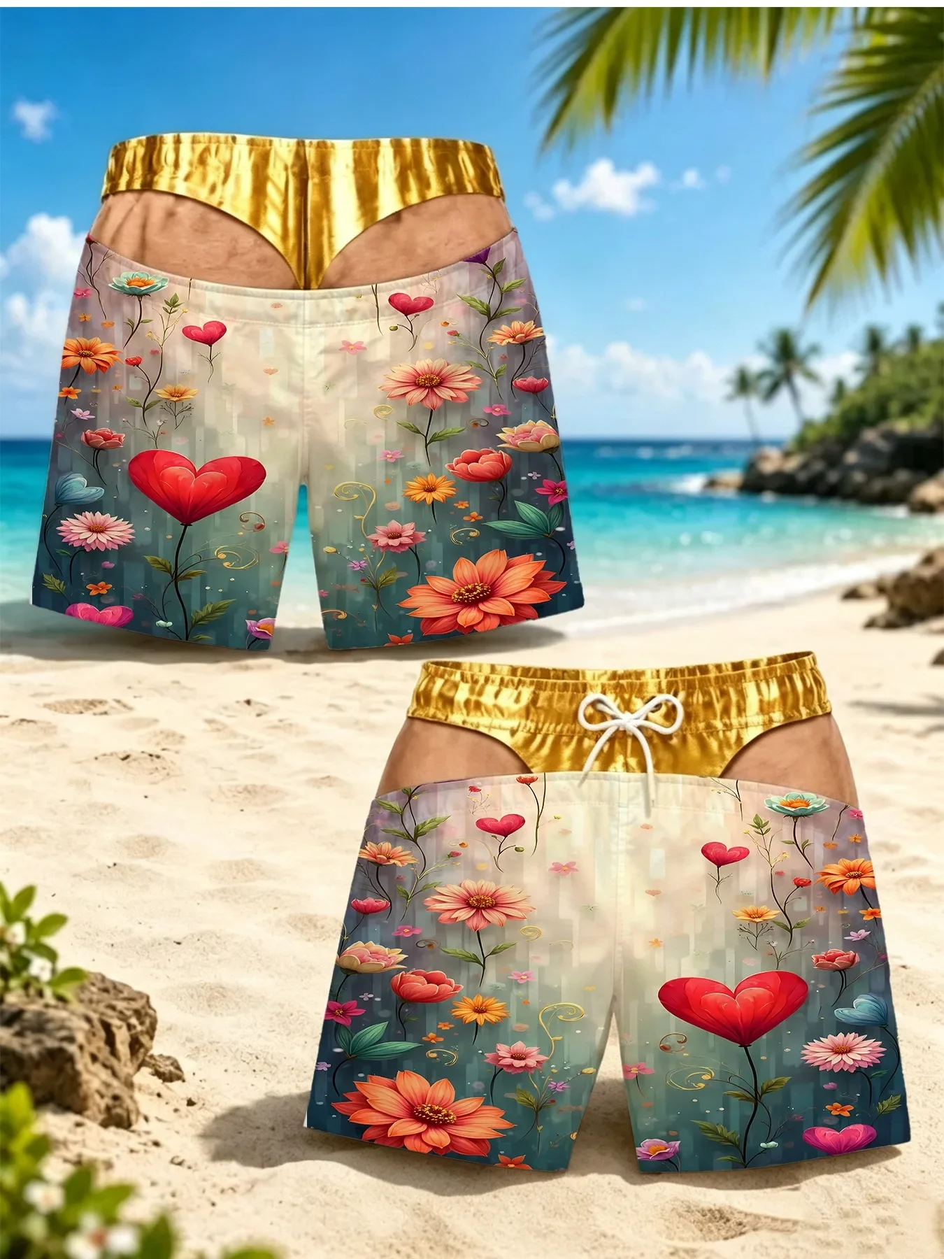 Men Funny Optical Illusion Swim Trunks Red Black Striped Fake Thong Boardshorts Colorful Seashell Starfish Coral Ocean Print