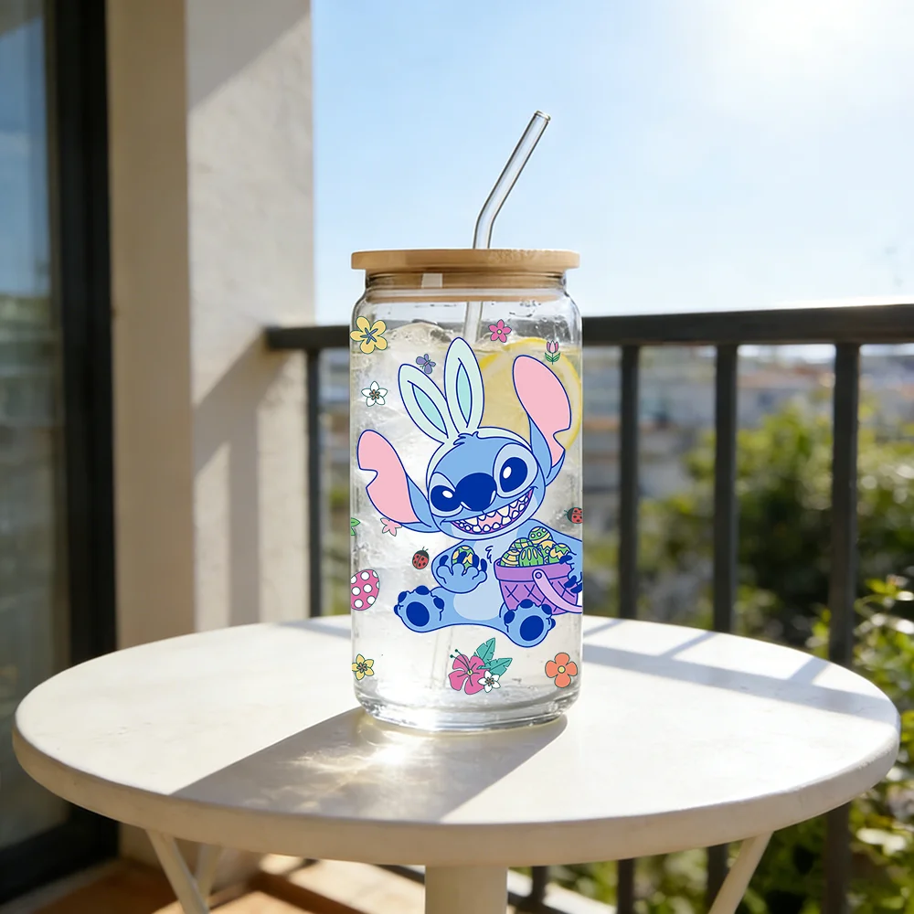 1pc 16oz Disney Stitch Easter Borosilicate Glass Tumbler with Lid & Straw Cute Summer Cup for Iced Coffee Juice Perfect Gift view 4