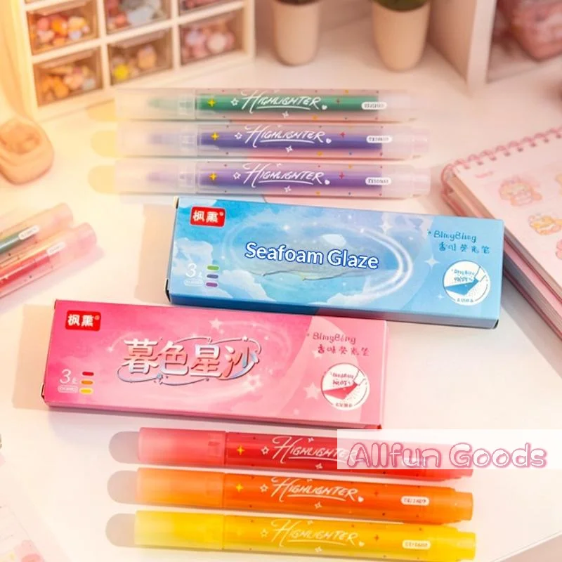 3PCS/SET  Glitter Highlighter Pen Set Shimmer Fluorescent Marker Pens for Journaling Planner School Office Stationery Supplies