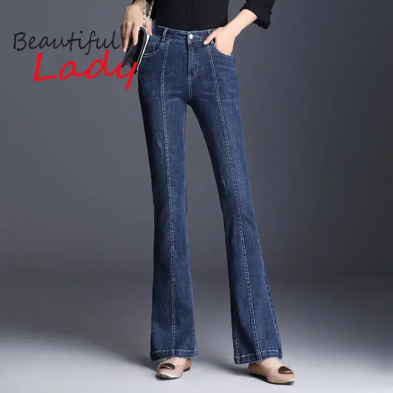 

Spring Autumn High Waist Thicken Micro Flared Jeans Women Bell Bottom Denim Velvet Pants Women Large Size Flared Mom Pants