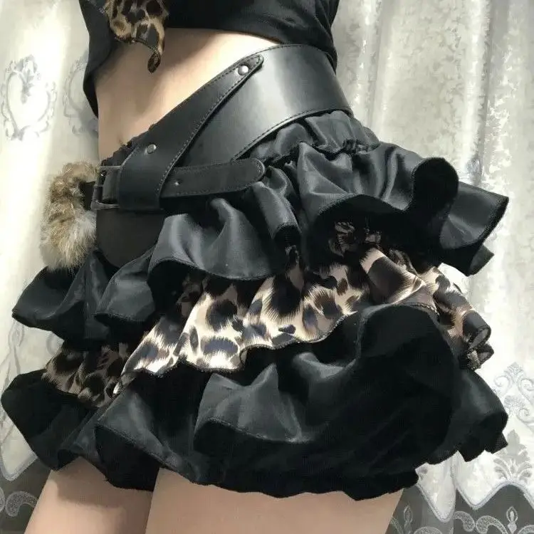 

Autumn Winter Millennium Short Skirt Hot Girl Leopard Print Tutu Skirt Splicing Subculture Skirt High Waist