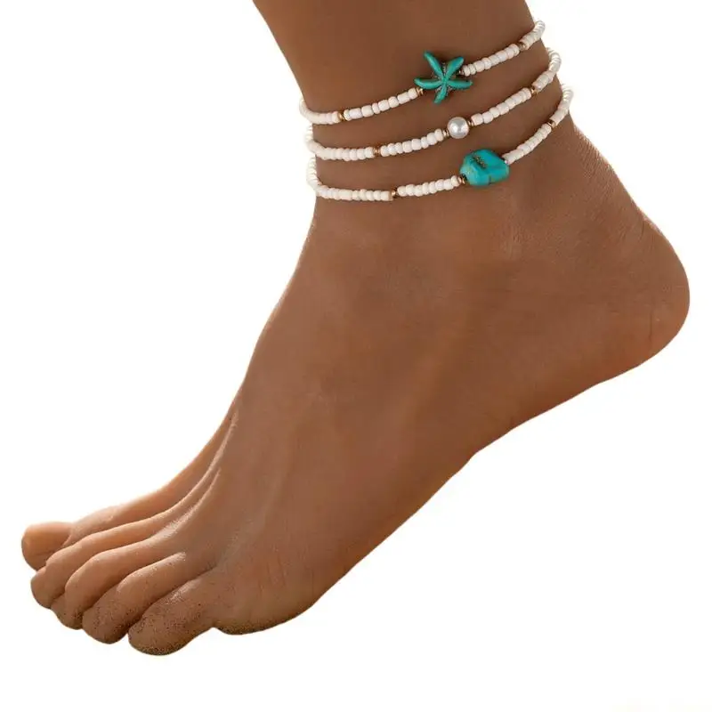 31BF 3 Pieces Bohemian Adjustable Elastic Anklets Set With Turquoise Resin Beads for Women Travel Jewelry