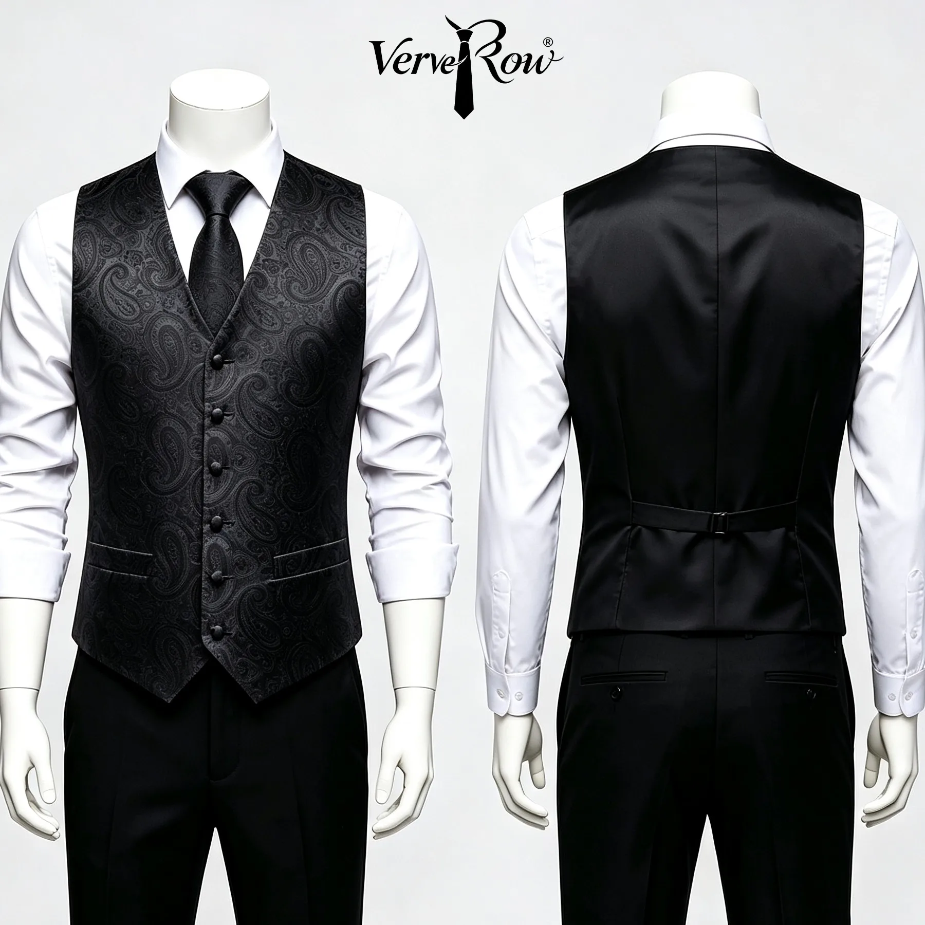 VERVEROW Men Solid Black Paisley Pattern Suit Vest Jacquard Waistcoat Matching Necktie Handkerchief For Formal Occasions