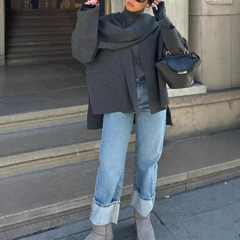 

HUISONG Women's Asymmetric Scarf Knitted Jacket O-neck Single Button Side Slit Solid Loose Coat Winter New Female Chic Outerwear