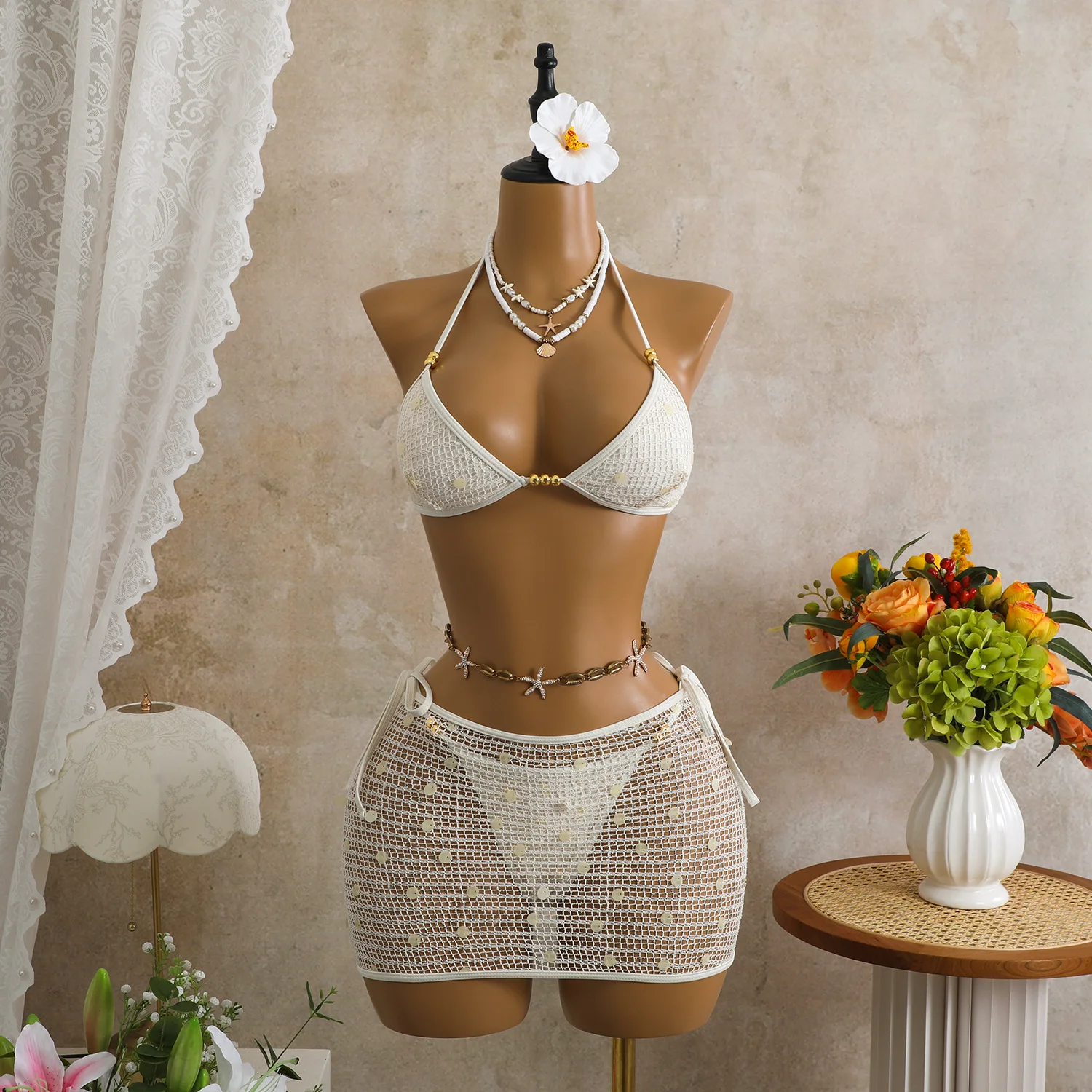 

With Skirt Hollow Out Halter Bikini Female Swimsuit 2026 Women Swimwear Three-pieces Bikini set Padded Bather Bathing Suit Swim
