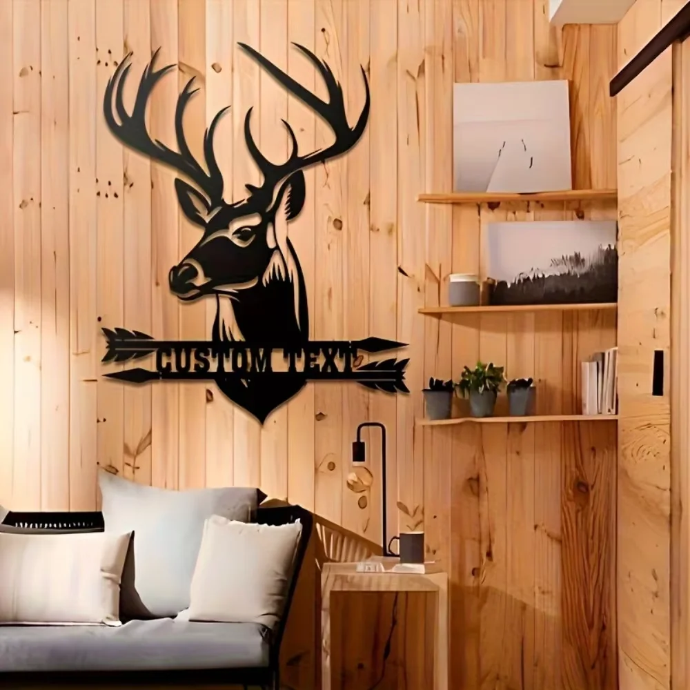 Personalized Deer Head Wall Art - Black Metal, High Gloss Finish - For Hunting & Camping Fans - Great Holiday Present