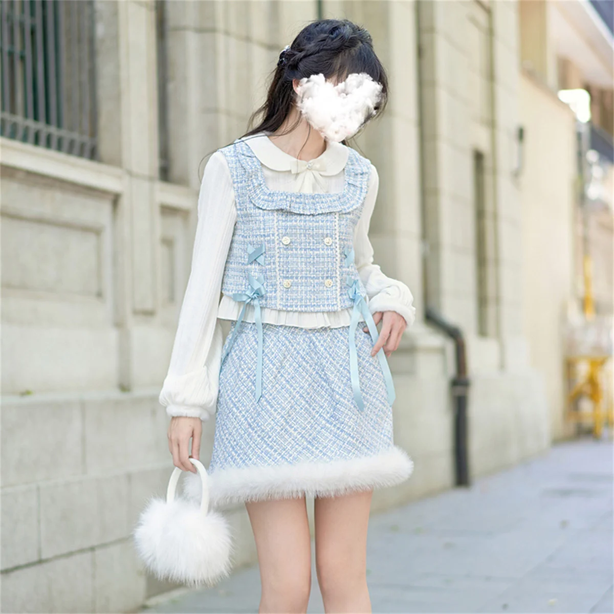 French Sweet  Elegant Girls Cosplay Lolita Suit Gentle Tea Party Vest Skirt Ribbon Bowknot Fluffy Ruffle Cute Winter Suit