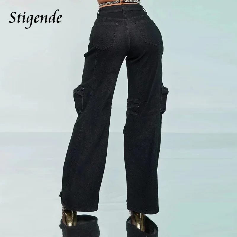 Stigende Women Sexy Cut Out Cargo Jeans Multi Pockets Patchwork Jewelry Denim Pants