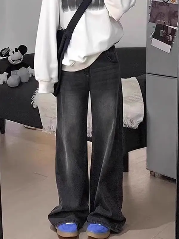 

Джинсы с высокой талией и прямыми штанинами, женские свободные брюки с широкими штанинами, эффект похудения для фигуры типа «груша», зимний новый стиль, черные, серые