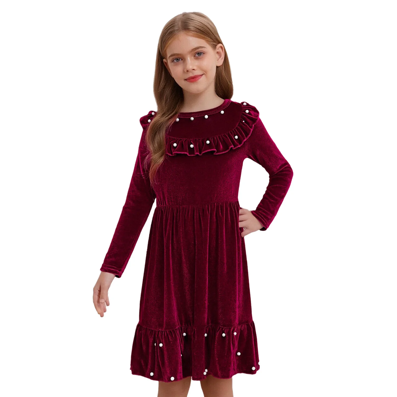 

Kids Girls Christmas Party Dresses Velvet Dress Artificial Pearls Frilly Round Neck Long Sleeve Ruffled Hem Midi A-Line Dress