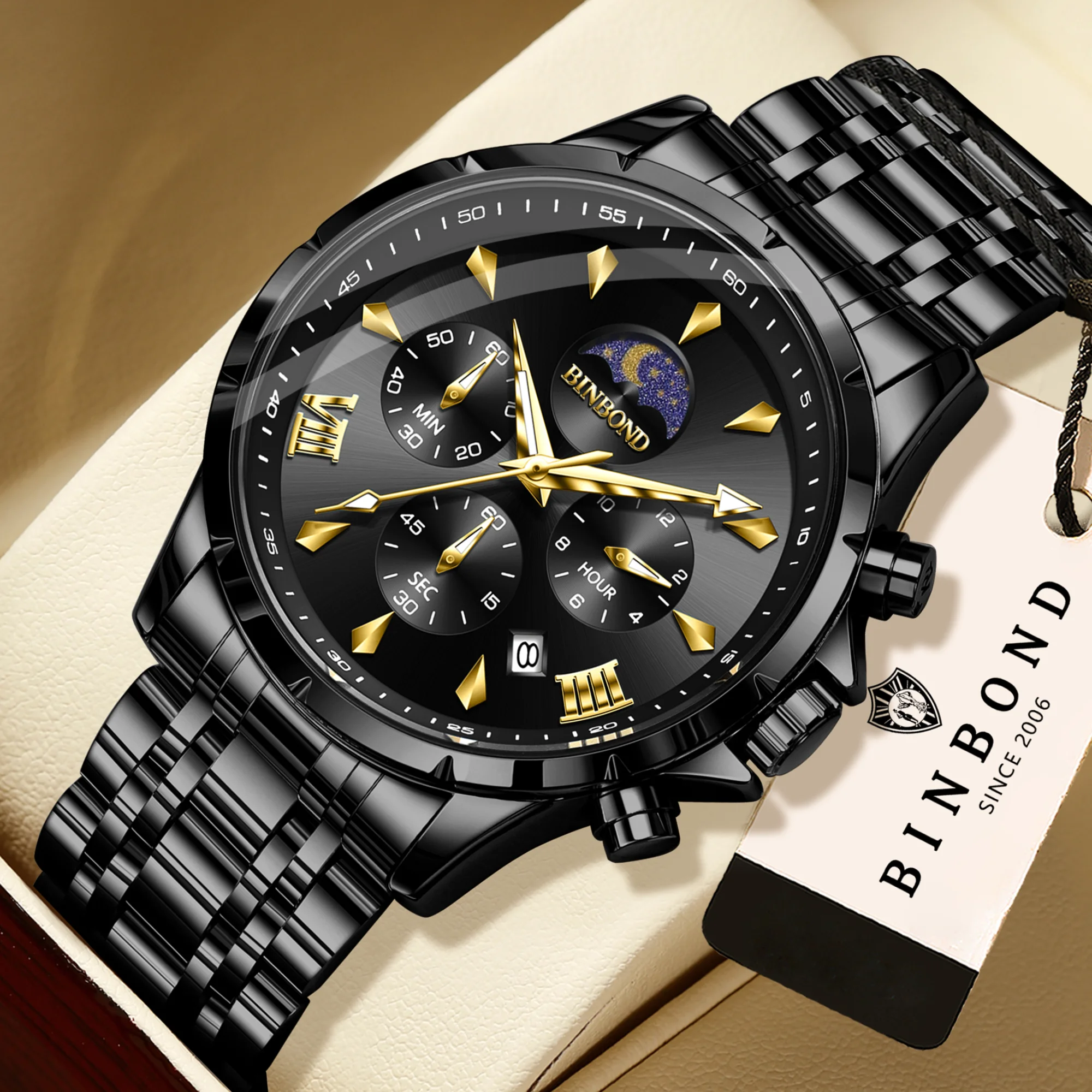 BINBOND Orginal Precise Quartz Watches For Men Luxury Luminous Waterproof Chronograph Durable Men's Watch Sports Casual Reloj