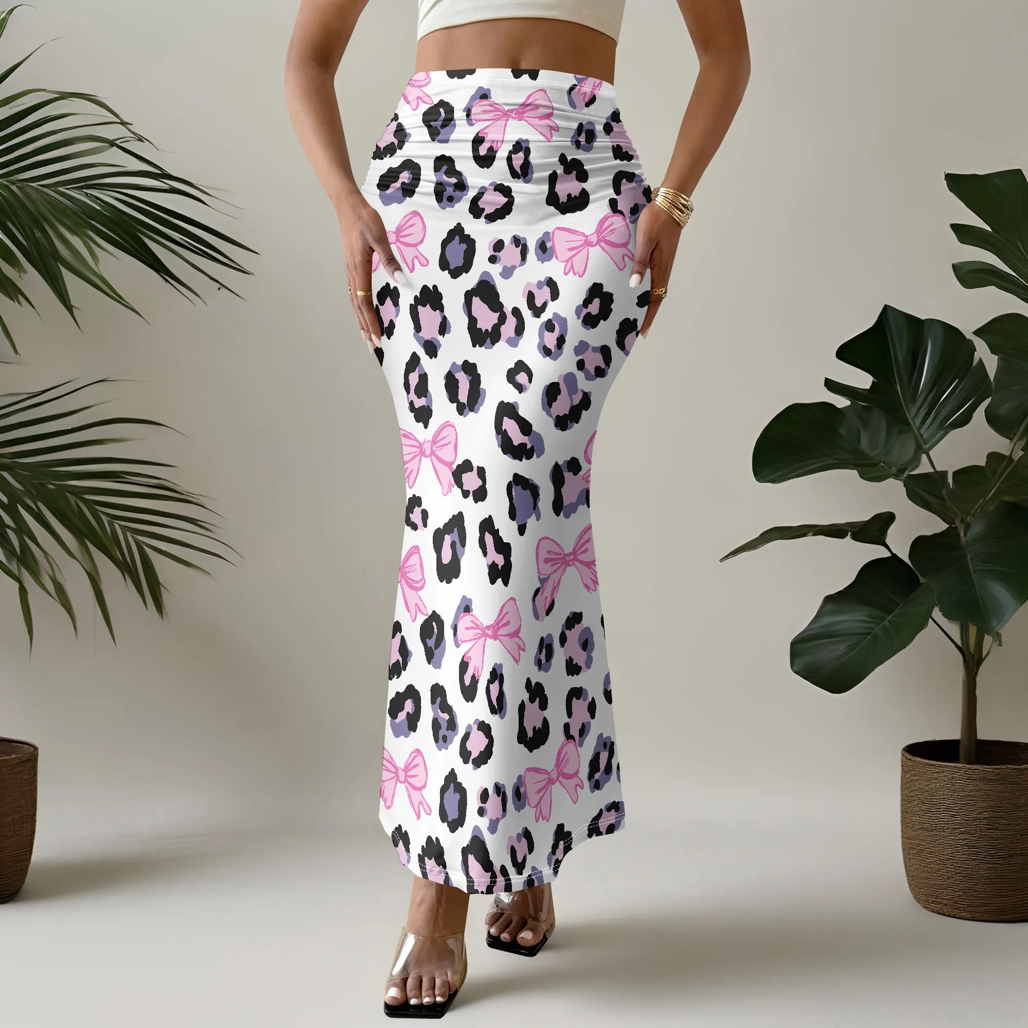 Pink Bow Leopard Print Skirt, Women's Mermaid Maxi Skirt, High Waist Ruched Long Skirt, Summer Beach Party Wear, S-3XL