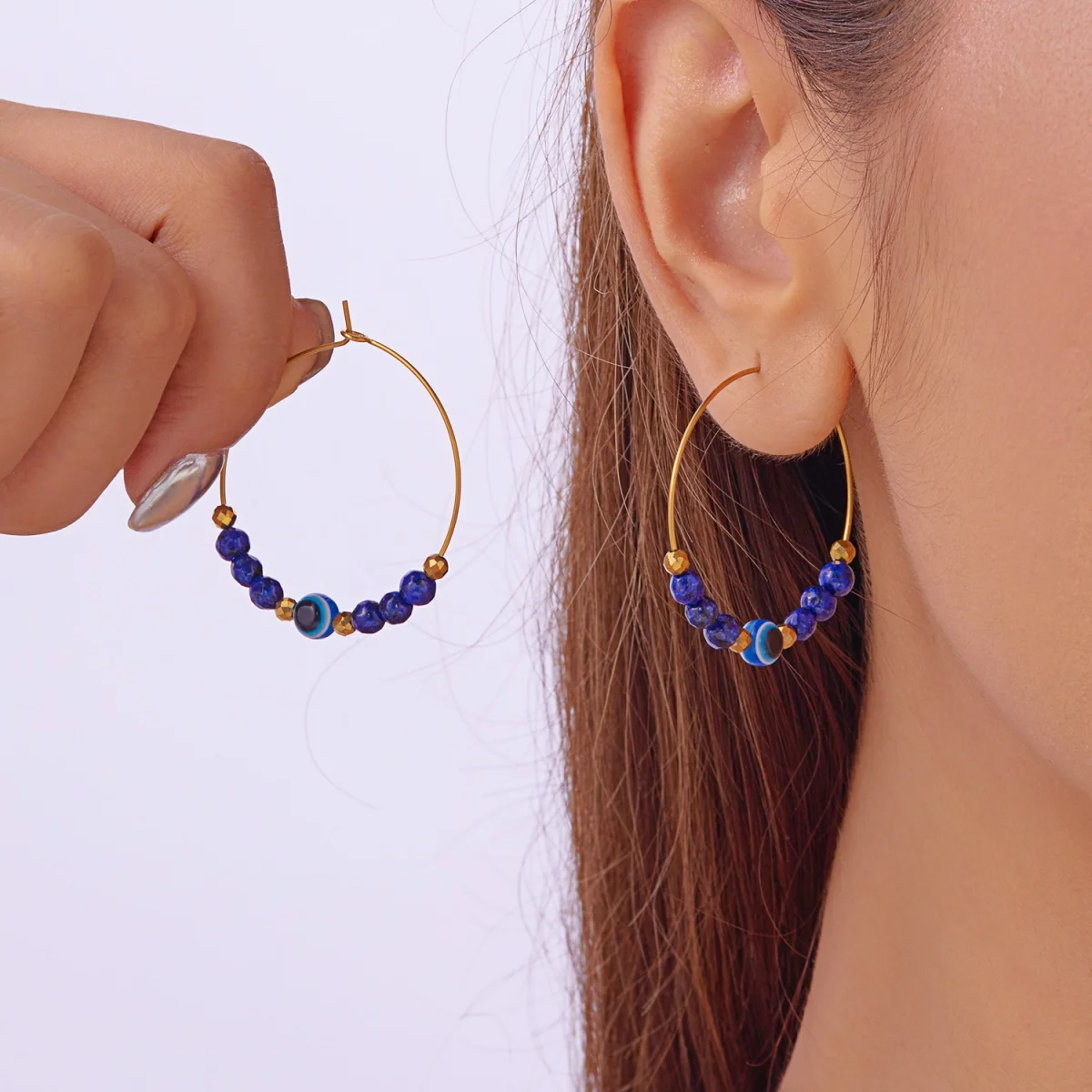 Lucky Turkish Evil Blue Eyes Hoop Drop Earrings For Women Men Simple Vintage Stainless Steel Crystal Beads Earrings Jewelry Gift