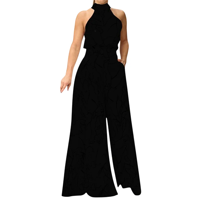 

A09P Ошитые комбинезоны для женщин Вечерняя вечеринка Свадебный гость Плюс Размер Комбинезоны без рукавов Широкие длинные брюки Чистый черный XXL
