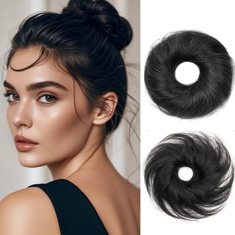 Sanggul Rambut Asli, Sanggul Rambut Alami, Kuncir Rambut Donut untuk Wanita, Potongan Rambut Rapi, Mini Scrunchie Karet, Wig Donut, Aksesoris Rambut