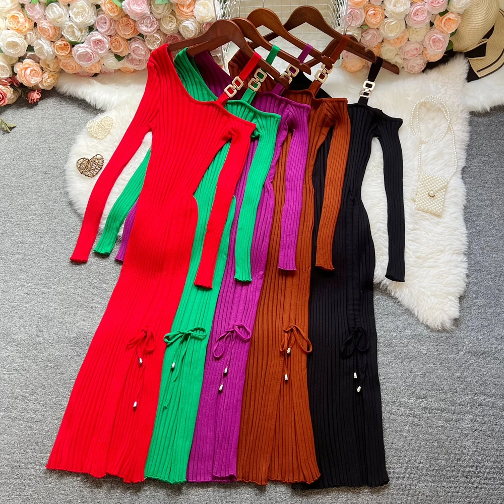 YuooMuoo シックなファッションセクシーなラップヒップスプリットニット秋ドレス女性スリム弾性巾着ボディコンロングドレスストリートレディ