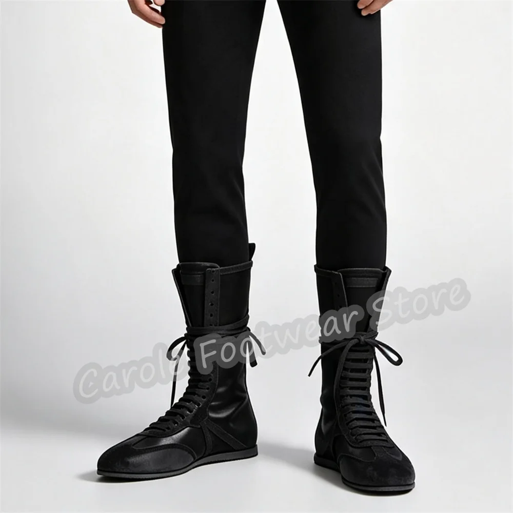 Gothic Wrap Strap Mixed Color Mid-Calf Boots for Men Streetwear Boxing Boots Vintage Round Toe Lace Up Flat Male Combat Boots