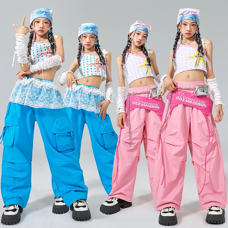 힙합 댄스 소녀 의상 재즈 공연 무대 의상 블루 힙합 바지 모델 쇼 의상 키즈 K팝 스트릿웨어 AMY2326