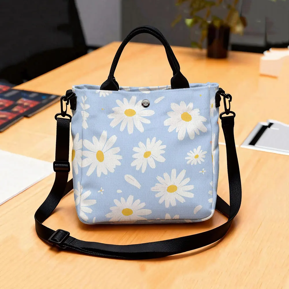 Blue Background Daisy Print Tote Bag, Detachable Strap Crossbody Handbag For Daily Work Shopping