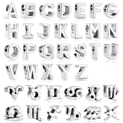 Charms e Contas de Prata Esterlina 925 Originais, 12 Signos do Zodíaco, Letras de A a Z, Virgem, Áries, Compatíveis com Pulseiras e Colares de Marca, Joias para Mulheres.