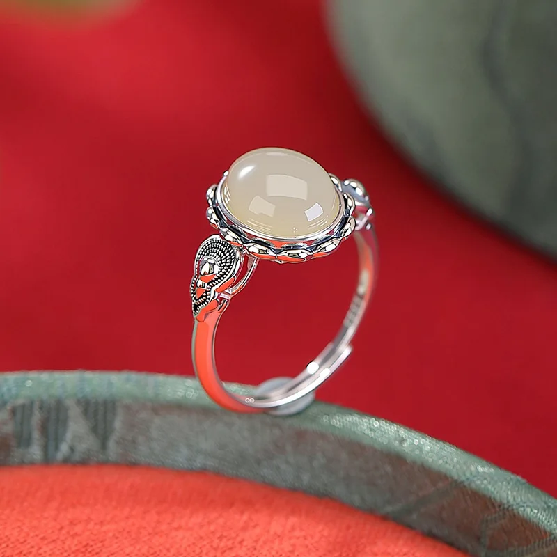 S925 silver vintage Hetian jade gourd cabochon-style ring