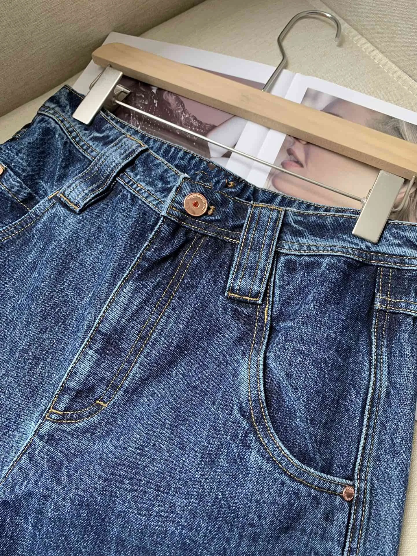 Jeans for Women 2024 New Spring Autumn 100% Cotton Bead Chain High Waist Solid Color Casual Fashionable Long Denim Pants