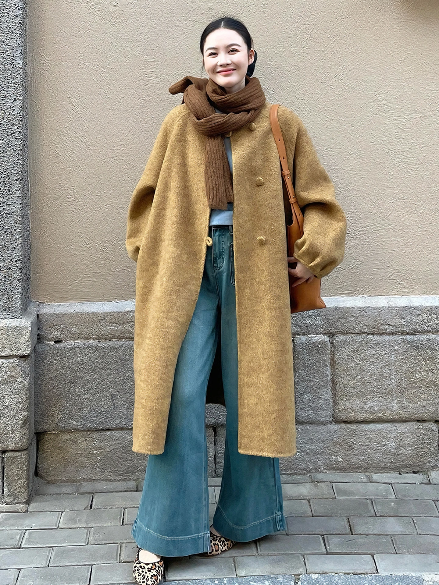 

Chic Korean Sle Women's Woolen Coat Medium Length plus Size Winter Faionable Versatile Thiened Long Sve Stand Collar