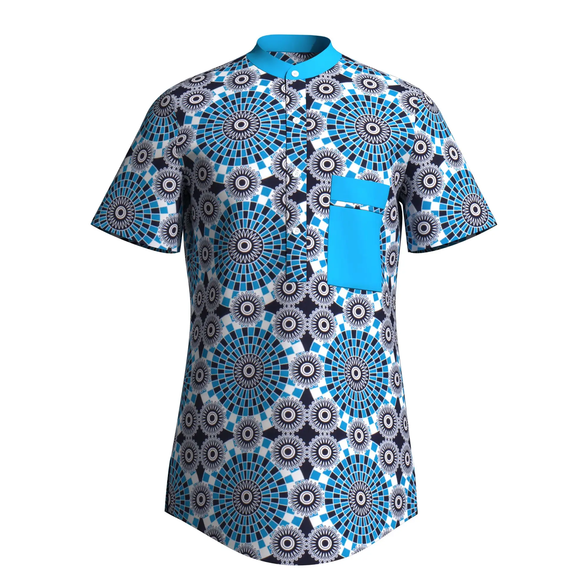Men African Kente Print Short Sleeve Henley Shirt Mandarin Collar Button‑Down Casual Shirt with Pocket Ankara Wax Print Wyn2066
