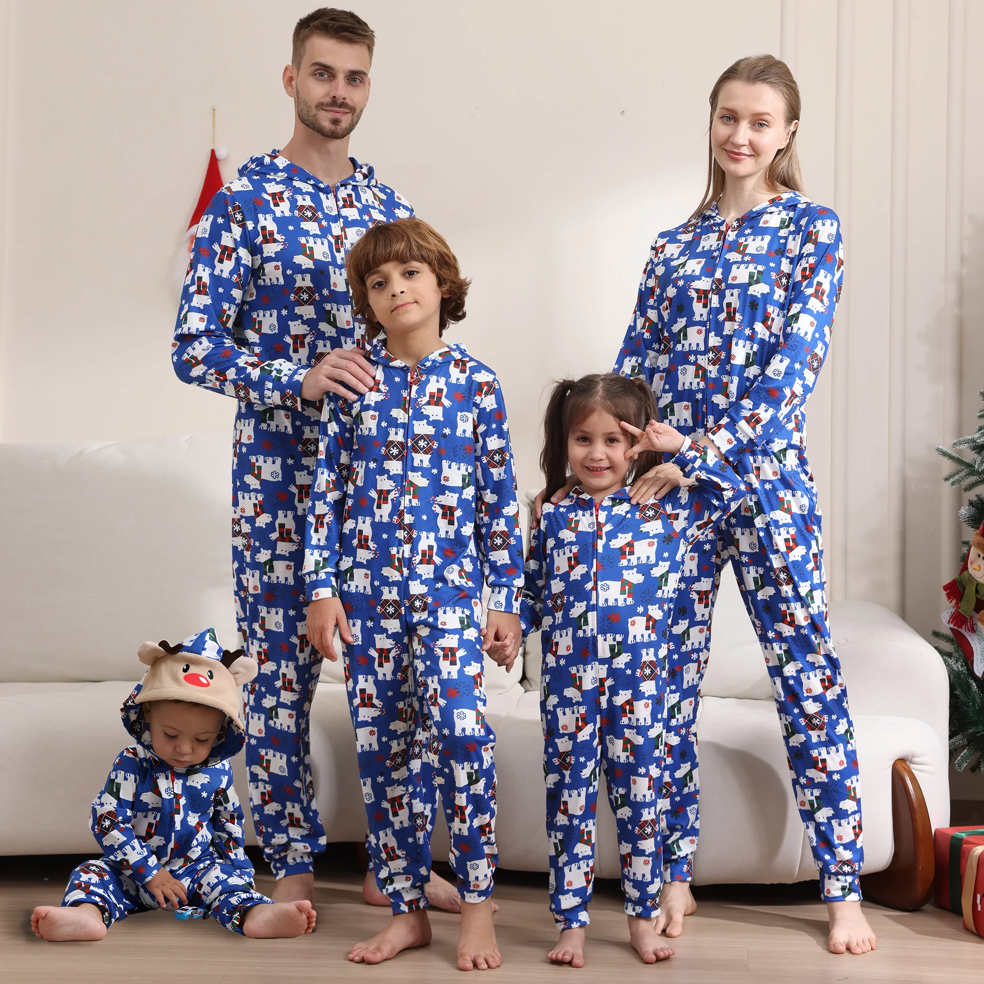 Natal família pai-filho roupas bonito dos desenhos animados bonito macacão impressão completa pijamas de manga longa natal com capuz zíper macacão