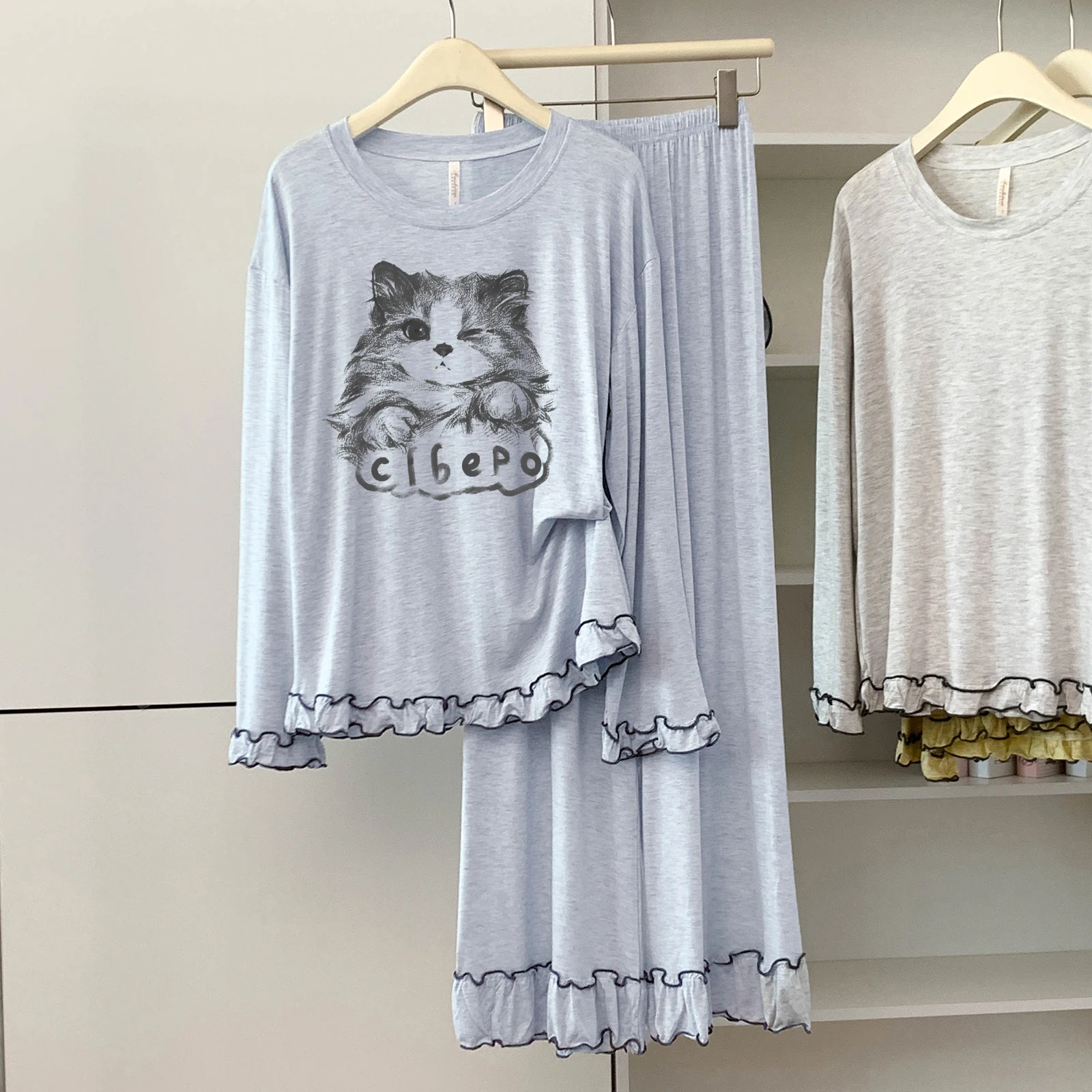 

5174-08 Модальная хлопковая пижама с круглым вырезом и длинными рукавами, длинные брюки для женщин, весенне-осенняя тонкая свободная мягкая удобная домашняя одежда