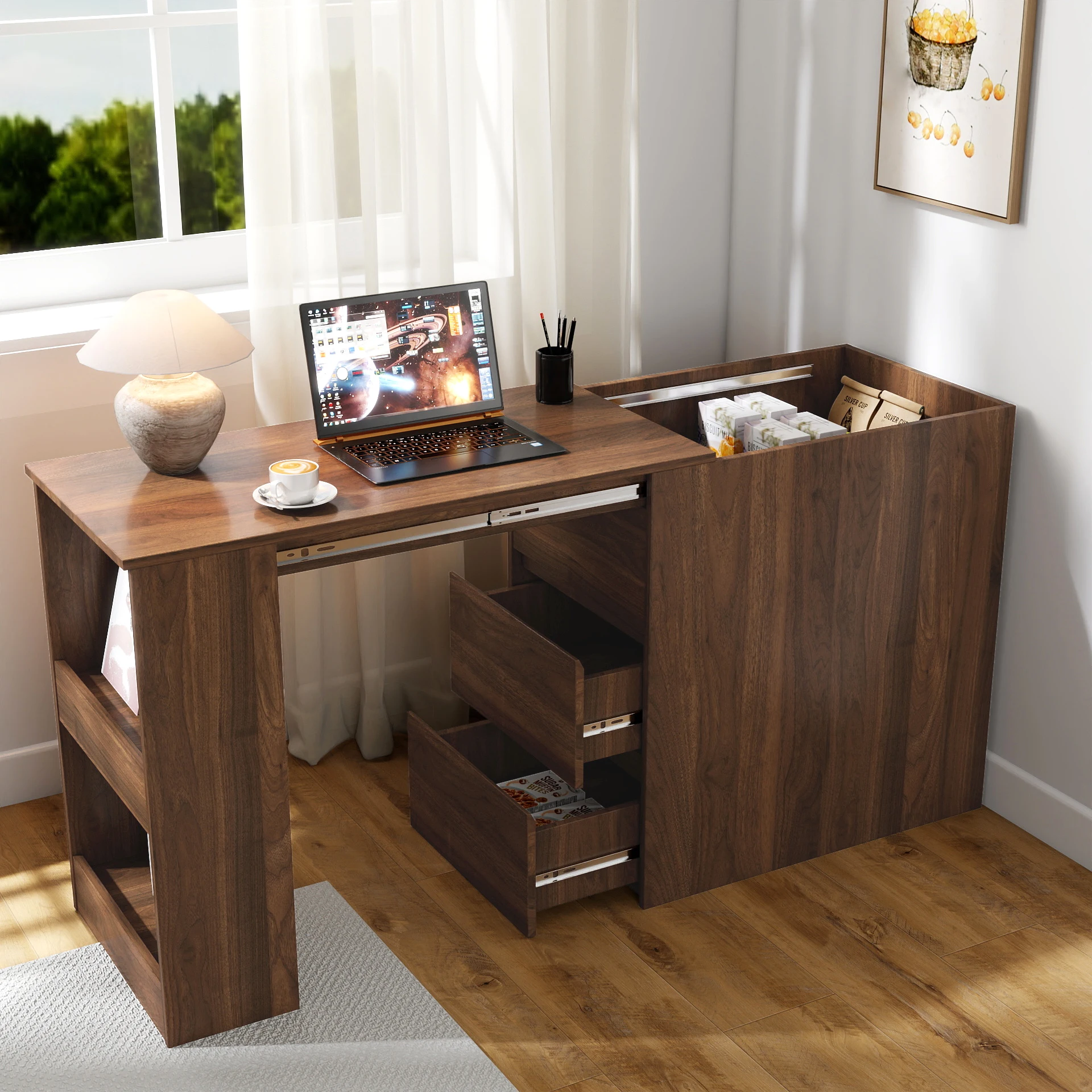 Extendable Walnut L-Shaped Desk & Vanity Combo – 6-Drawer Tabletop Storage with Large Storage Capacity for Office Study/Bedroom