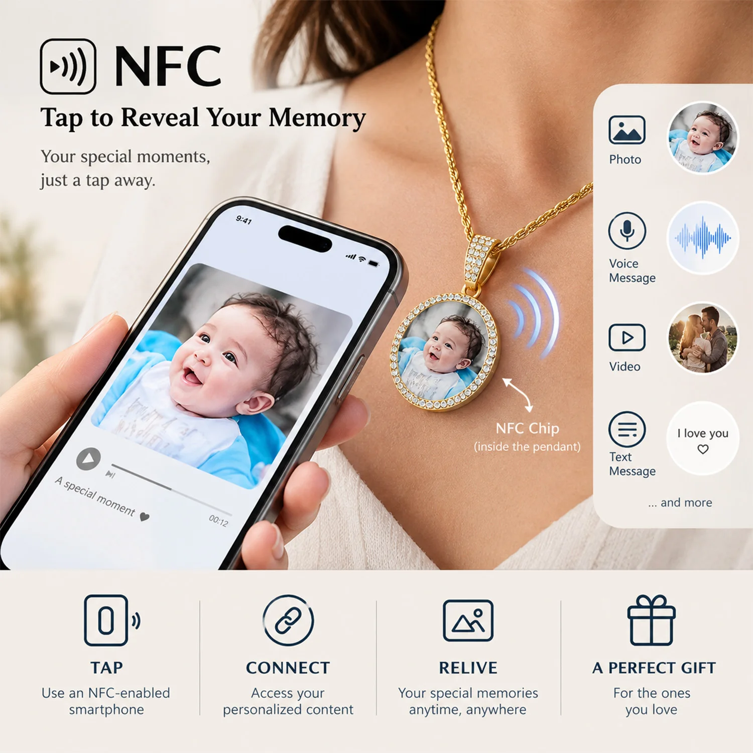 nfc写真ペンダントネックレス、ステンレス製、名前入り、ラインストーン付き、カスタム写真入り、思い出のネックレス、女性へのクリスマスギフト。