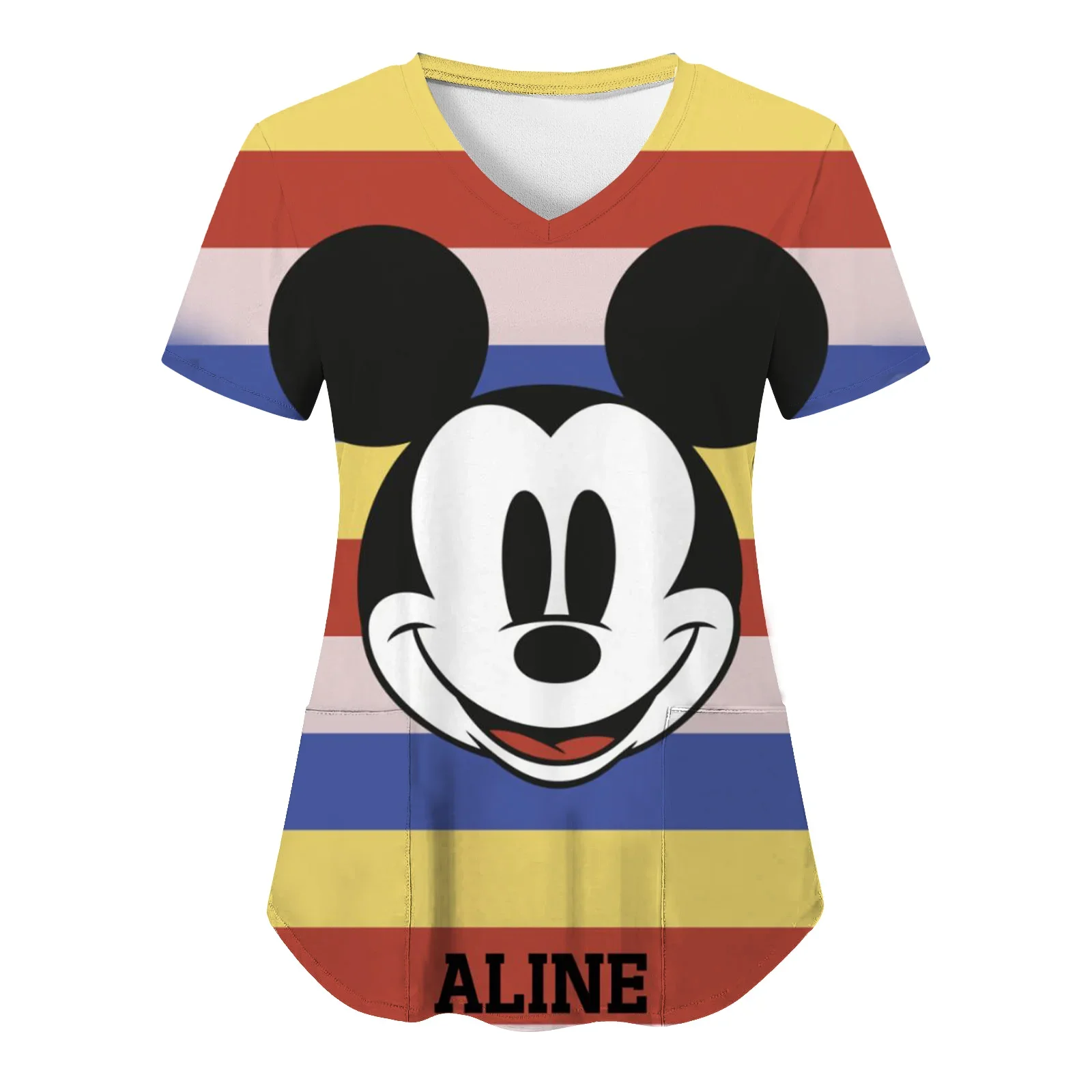 Miniso T-shirt V Neck Top Women 2024 Disney Shirts Pocket Woman Clothes Hospital T-shirts Minnie Mouse Tops Mickey Nurse Uniform