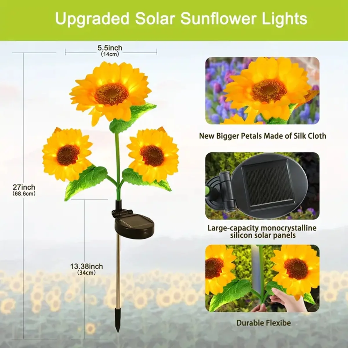 1pc LED Three-head/one-head Solar Simulation Sunflower Flower Light Waterproof Rainproof Windproof Sun Protection Decorative