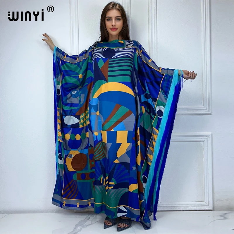 WINYI High fork fashion tassel sexy dress summer boho print beach Cover-up Africa fashion kaftan Holiday party maxi long dress